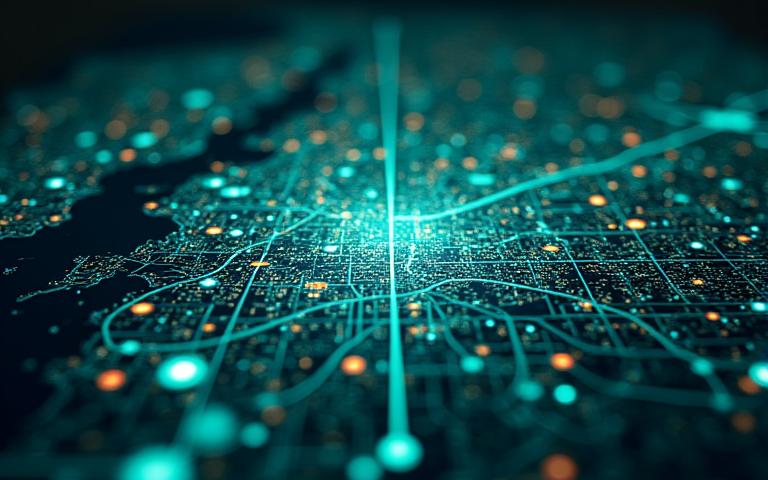 Mapa digital detallado de una ciudad con superposiciones de zonas de entrega y análisis de datos geoespaciales.