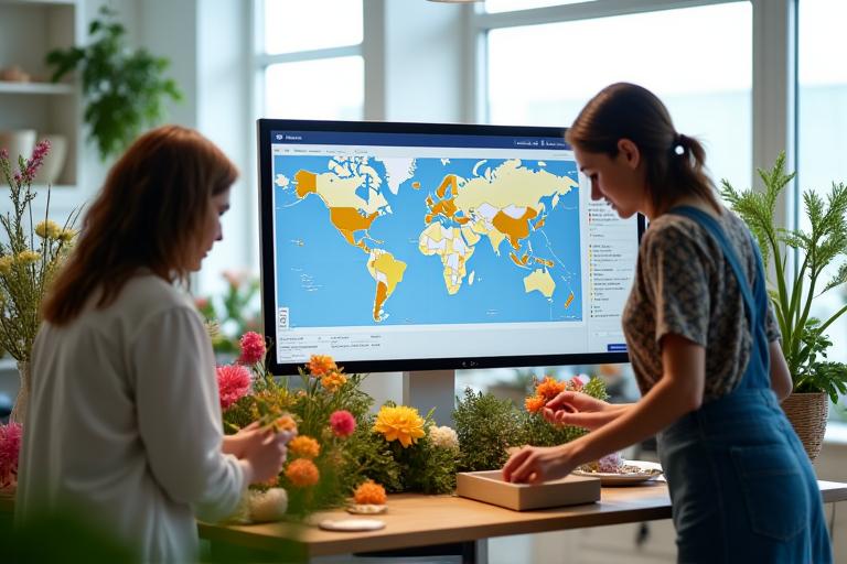 Equipo de Axial Bloom trabajando en un moderno taller floral con pantallas de mapas