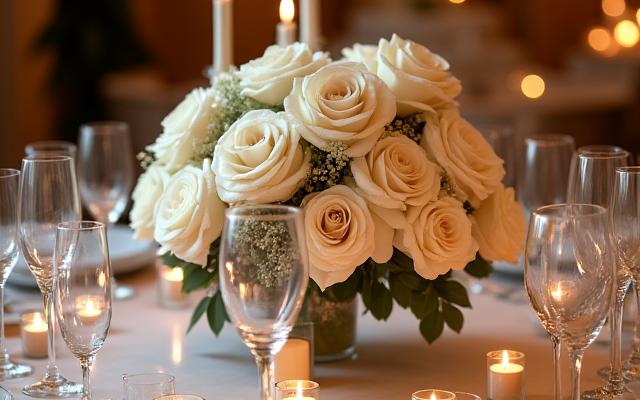 Mesa elegantemente decorada con un centro de mesa floral para un evento, diseñado por Axial Bloom.